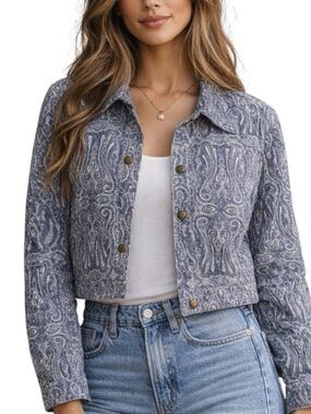 Coldwater Creek Paisley Cropped Jacket purple Boho Vintage Style Size L